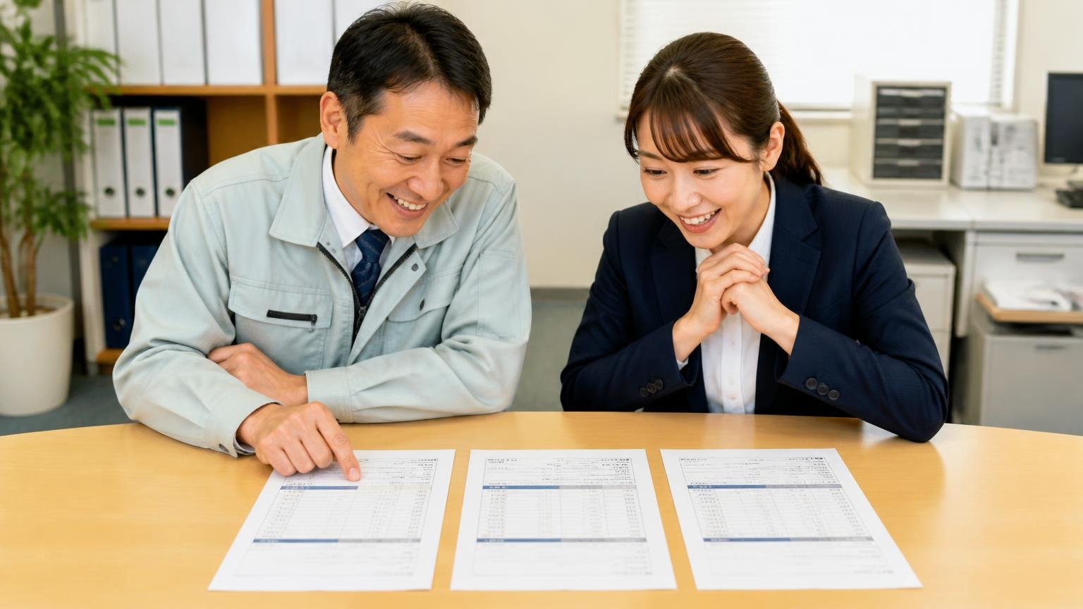 近くの業者1社＋全国対応の業者1〜2社の見積書を並べる 営業所の机 3枚の見積書を横に並べた男女2人が金額を見比べて笑顔になる