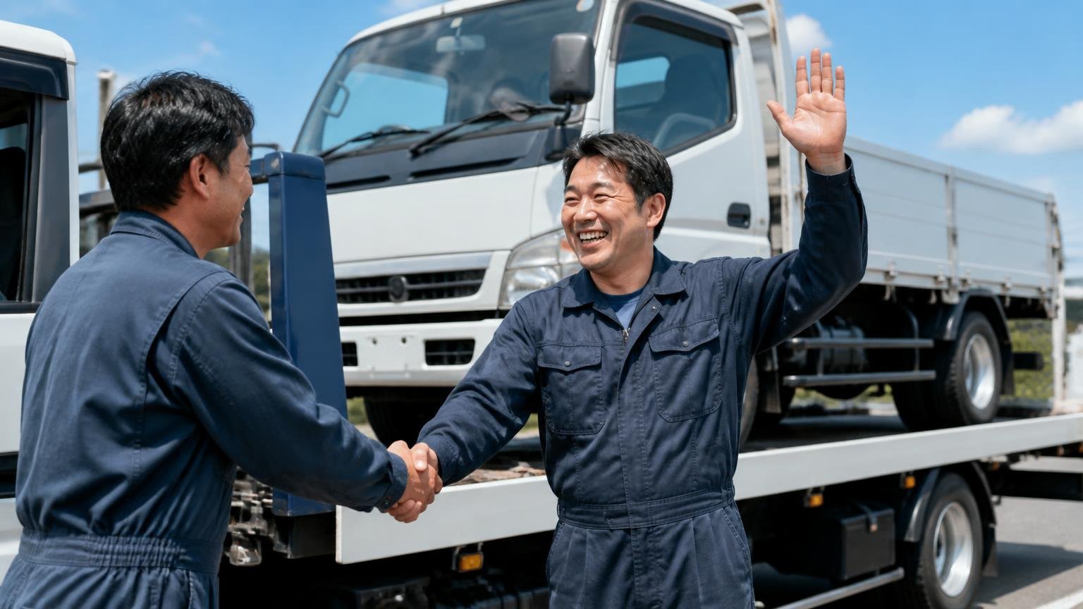 申込みから入金までの5ステップ 積車に載せられるトラックの前 作業着の男性2人が握手を交わし、1人が晴れやかな笑顔で手を振る