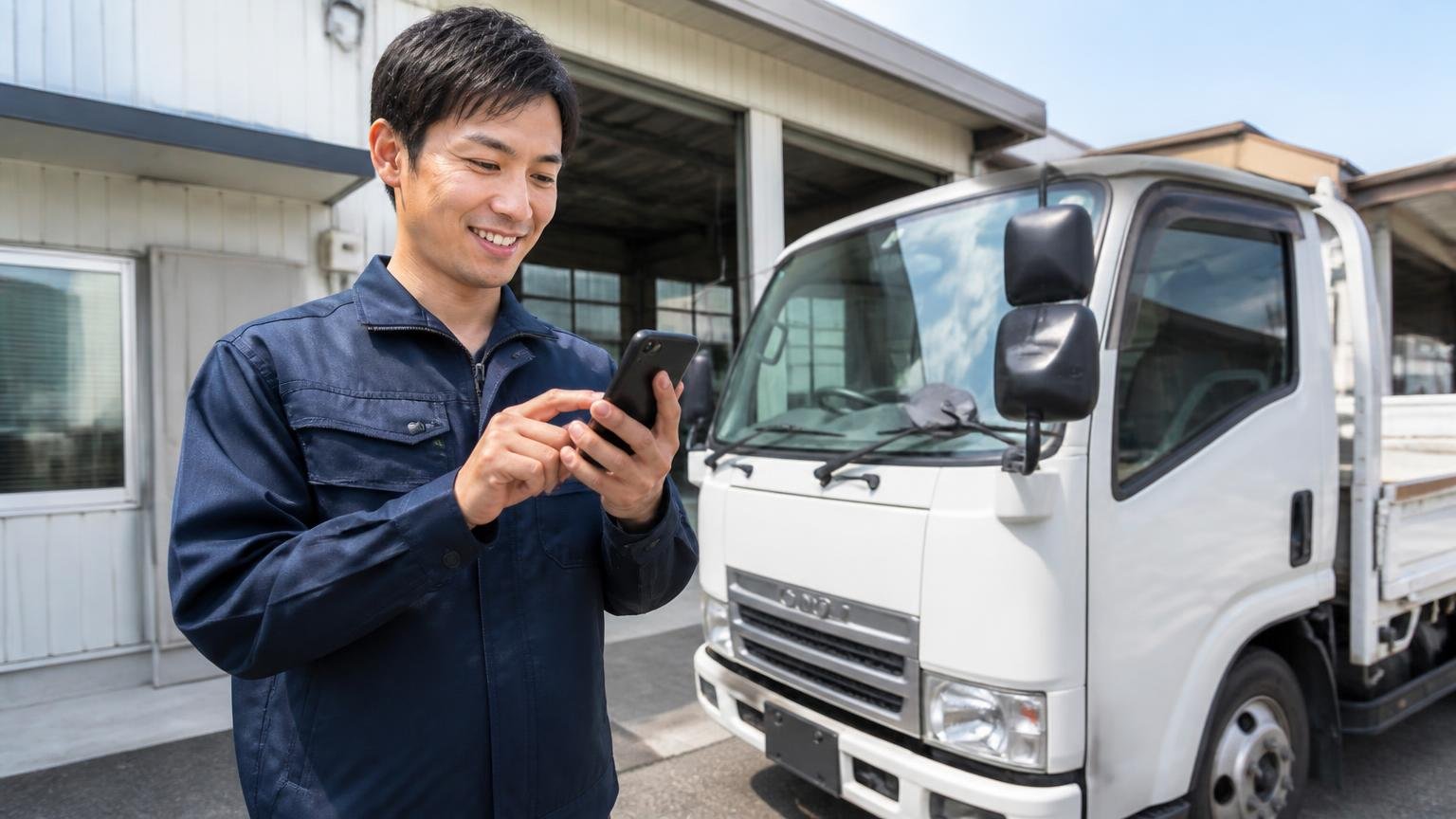 申し込みから入金までの5ステップ 営業所の前でスマホから査定を申し込む男性1人がトラックの横で笑顔