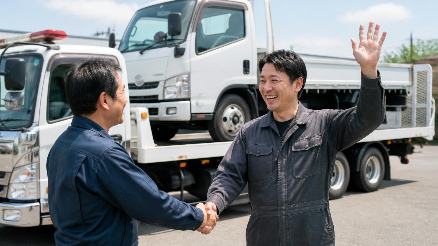 申込みから入金までの5ステップ 積車に載せられるトラックの前 作業着の男性2人が握手を交わし、1人が晴れやかな笑顔で手を振る