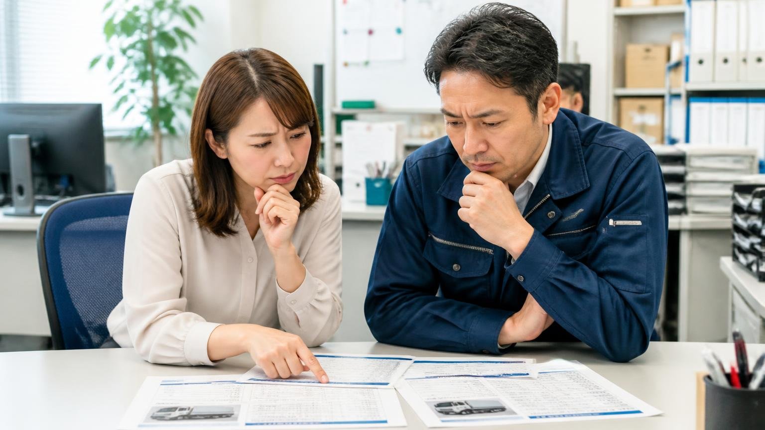 運送会社の事務所で、2社のトラック見積書を机に並べて見比べる30代女性と40代男性の2人