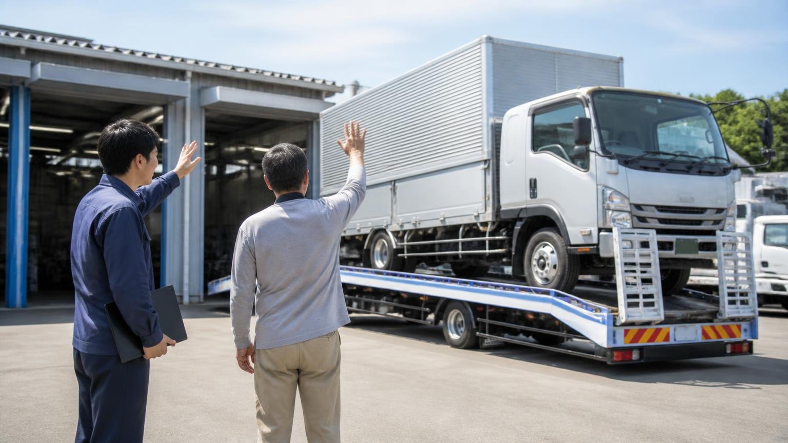 申込みから入金までの5ステップ 営業所の車庫で積車に載せられる4tトラックを男性オーナーと査定員が並んで見送る