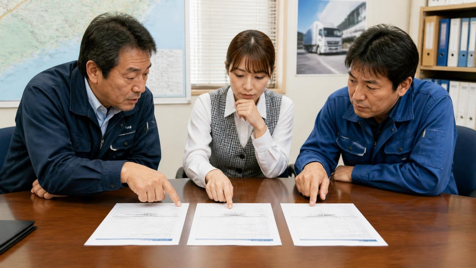 近い業者1社＋全国対応の業者1〜2社を並べて比べる　松江市の運送会社の会議室で、3枚の見積書をテーブルに並べて指さし合う社長と事務員と運転手の3人