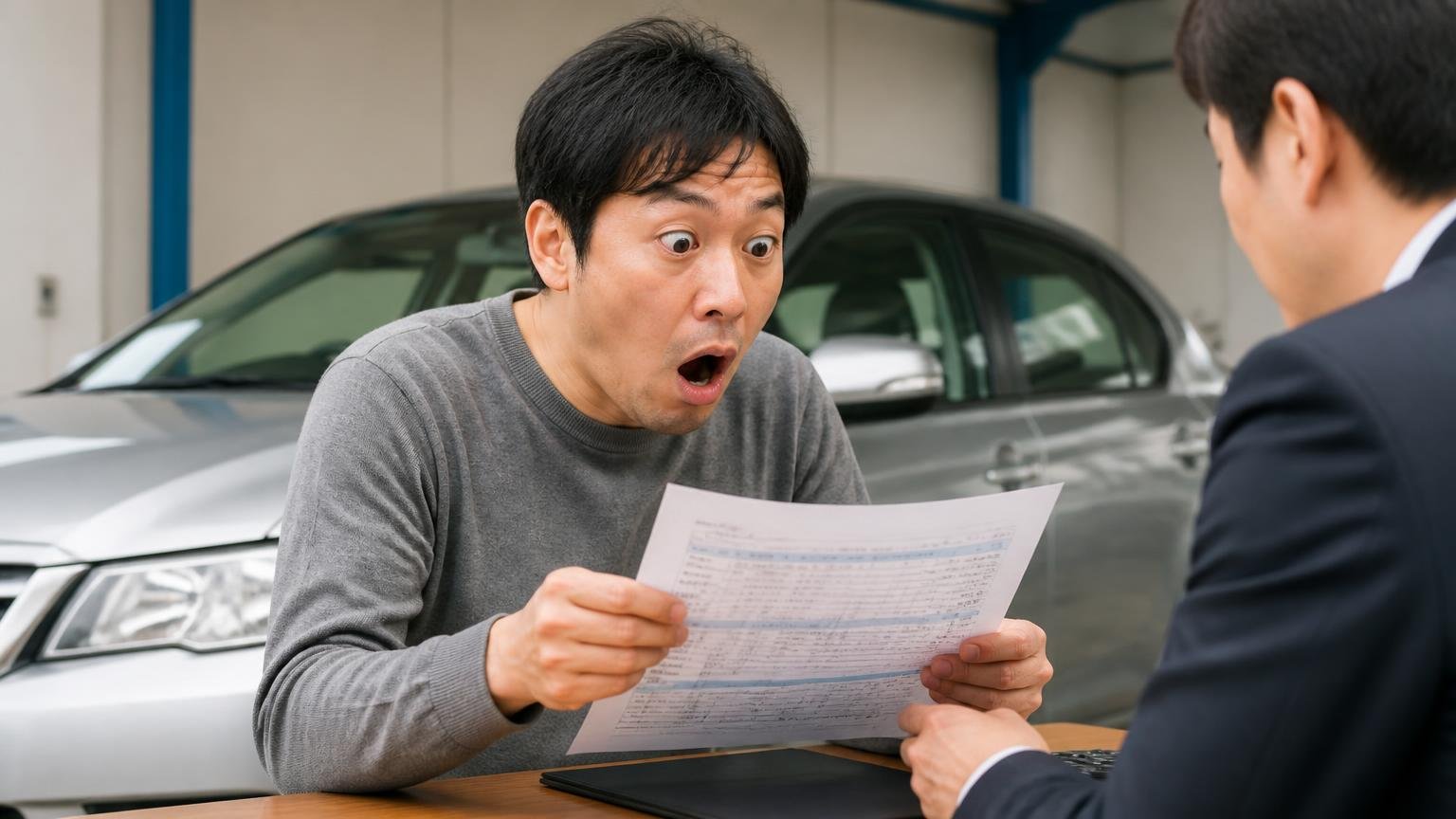 電話の概算より当日下がる｜「どんな場合にいくら下がるか」を書面で、車庫で査定書を受け取った男性ドライバーが、電話で聞いた金額との差に目を見開いて驚いている
