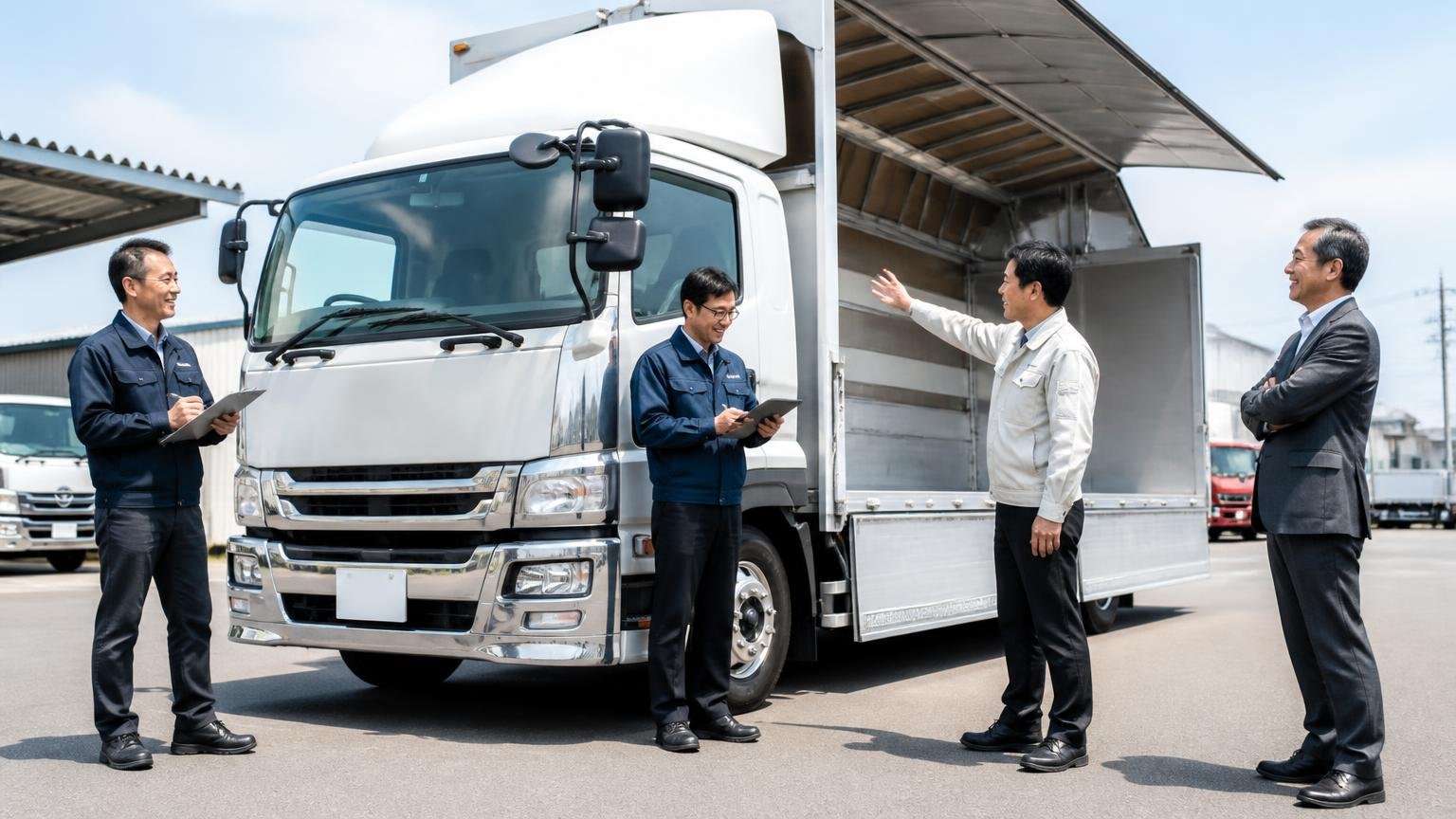 出張査定は同じ日に時間をずらして2〜3社呼ぶ 運送会社の駐車場で4tウイングを囲む査定員3人と見守る社長の男性1人、和やかな表情