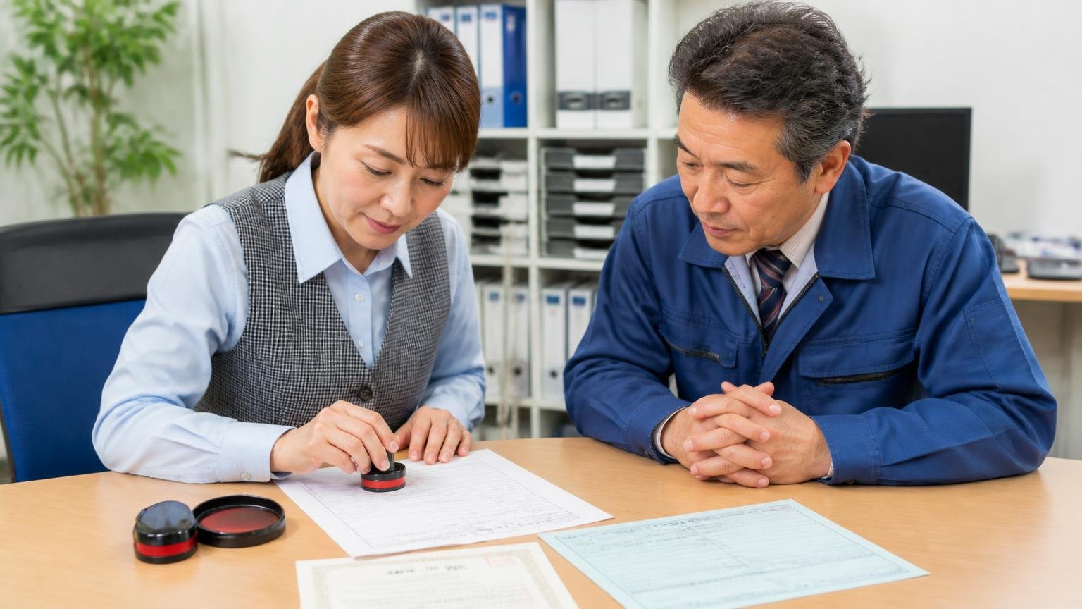 名義変更(移転登録)に必要な書類。運送会社の事務所の机で譲渡証明書に実印を押し、印鑑証明書と車検証を並べて確認する女性事務員と男性社長