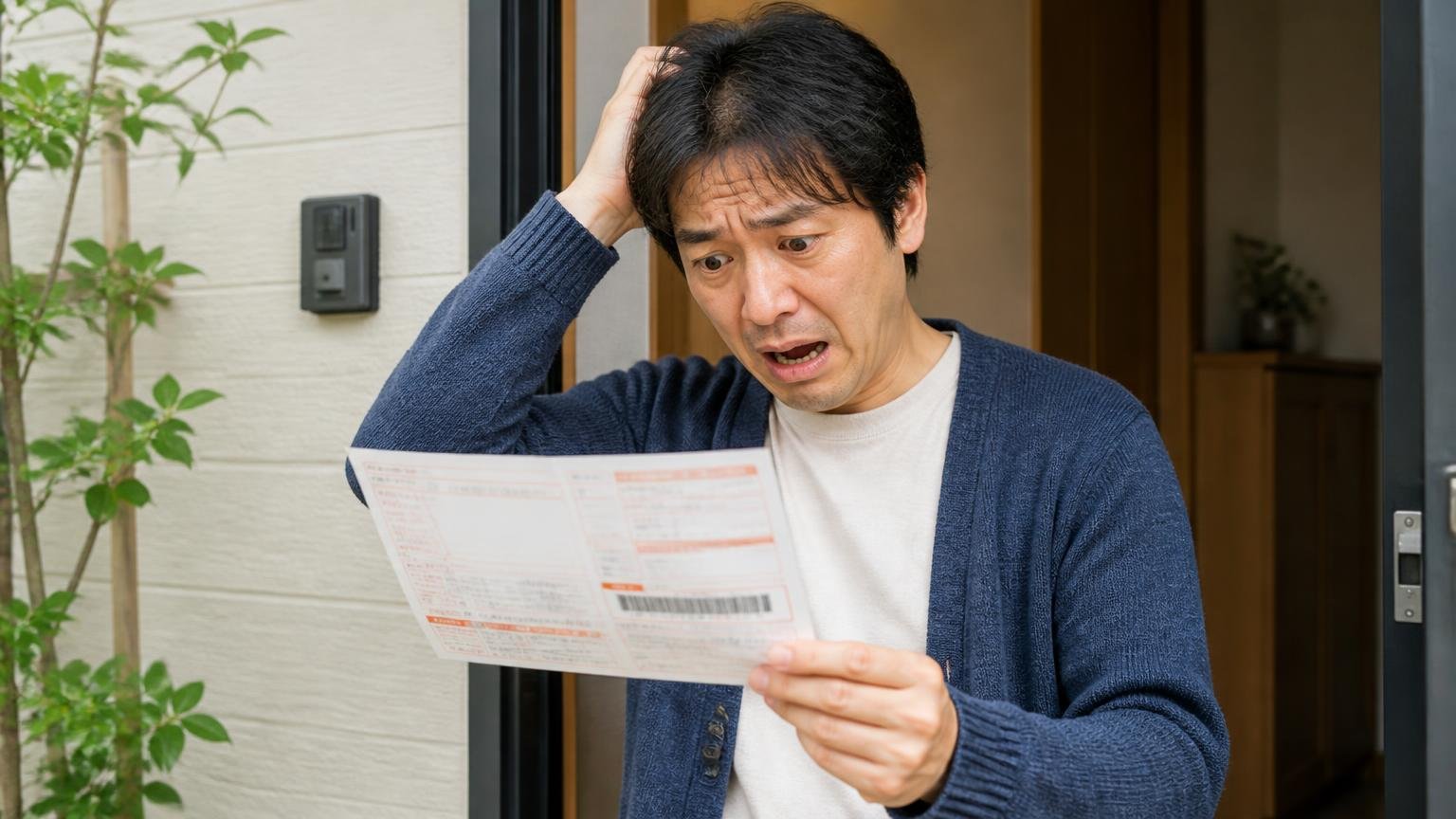 名義変更の完了を確認する、自宅の玄関先で届いた自動車税の納付書を見て困惑する個人事業主の男性