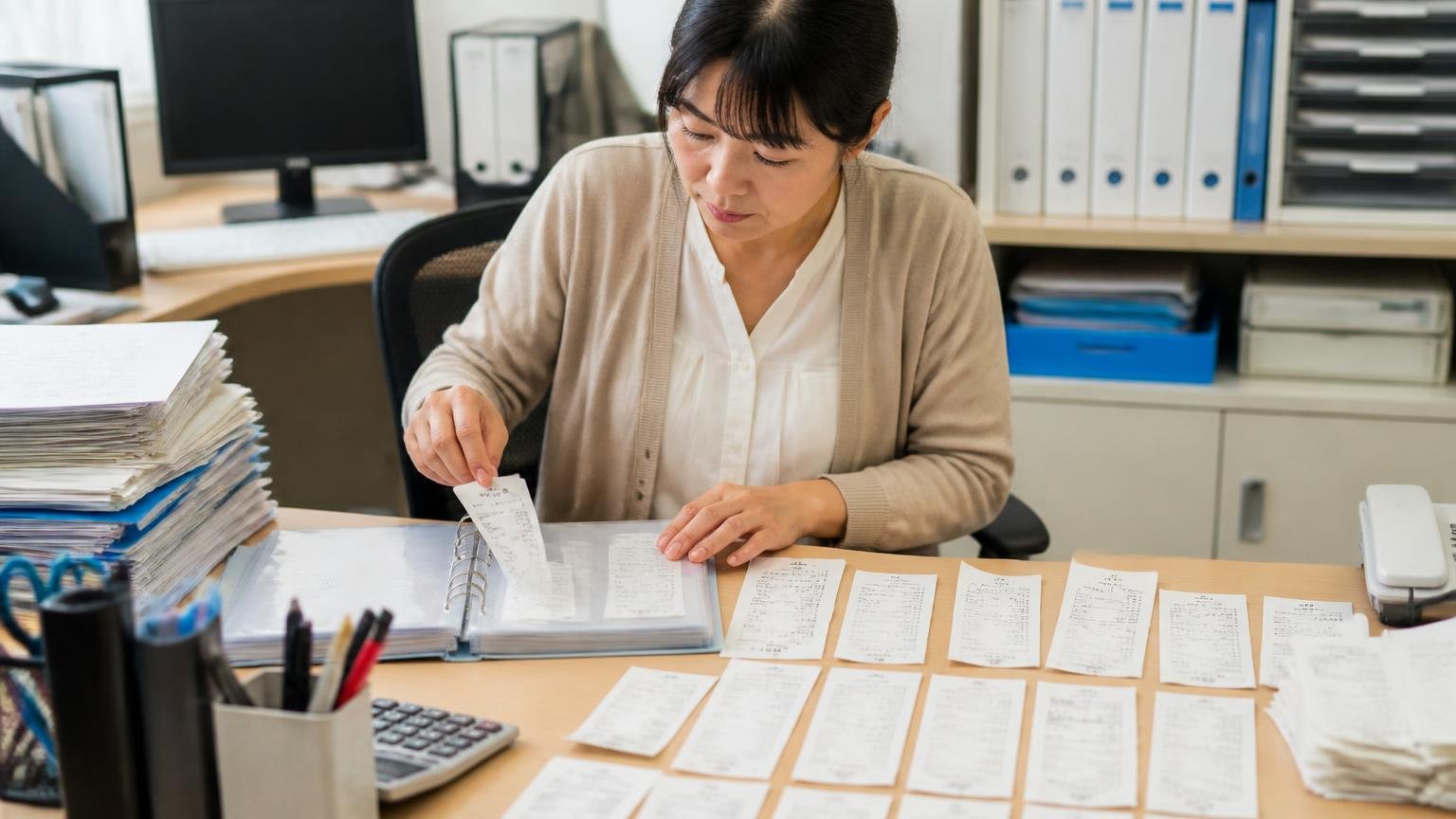 整備記録簿がなくても「作業履歴」と「領収書」で埋める 事務所の机に整備の領収書を並べて整理する場面 事務担当1人 真剣にファイルに綴じる