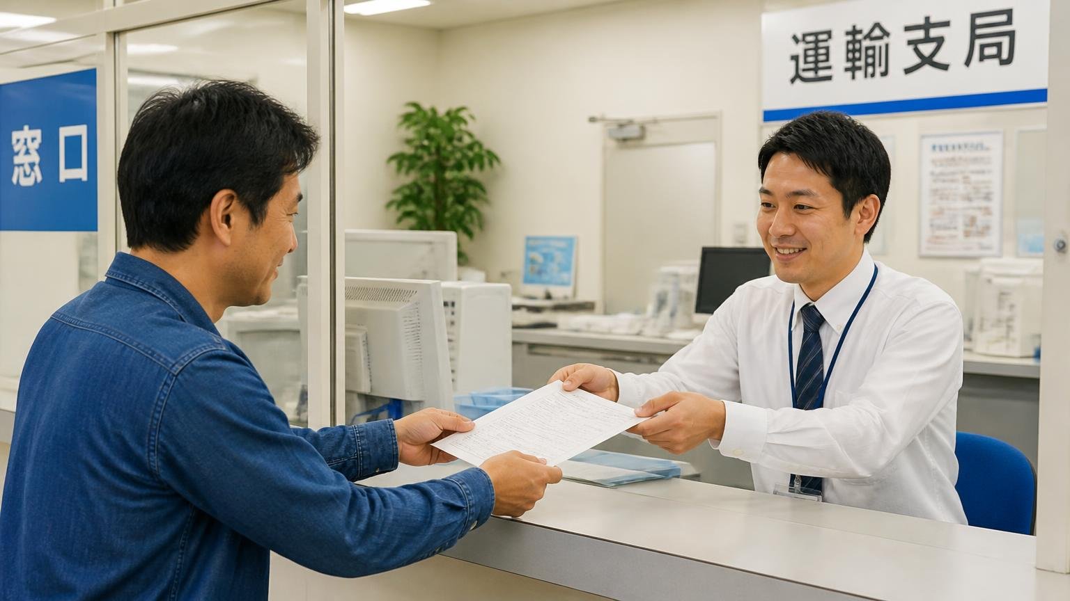 名義変更は新所有者が15日以内、窓口は松江市馬潟町の島根運輸支局|運輸支局の窓口で書類を受け取る男性1人と職員1人