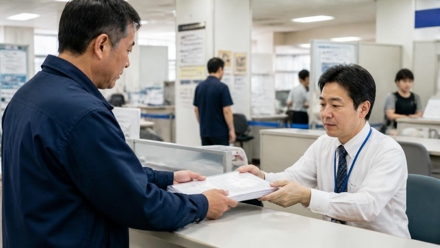 名義変更は宮城運輸支局で売る側が用意する書類を一覧で確認 宮城野区の運輸支局の登録窓口 書類の束を提出する男性と窓口の職員