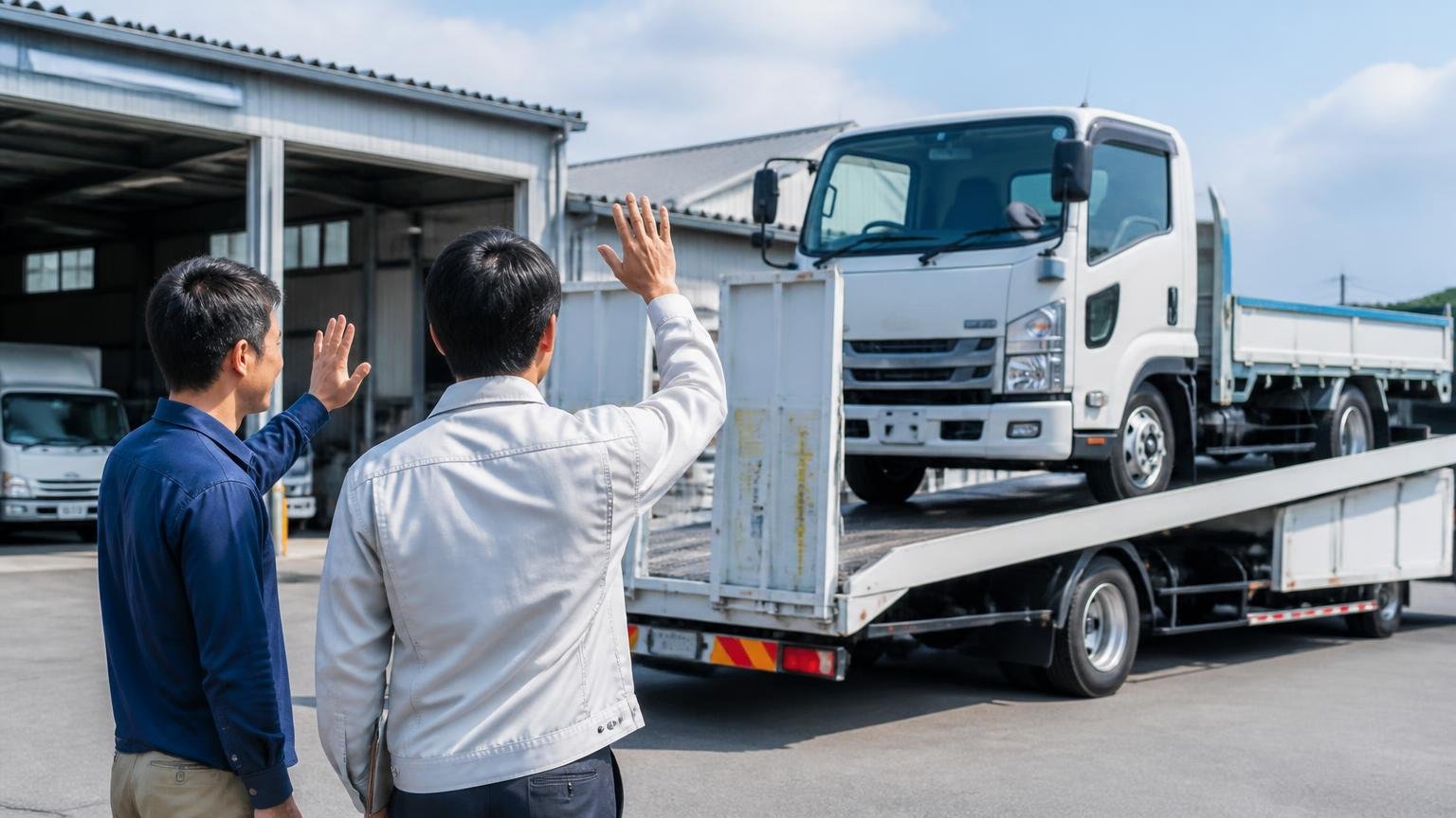 申込みから入金までの5ステップ 営業所の車庫で積車に載せられる4tトラックを男性オーナーと査定員が並んで見送る