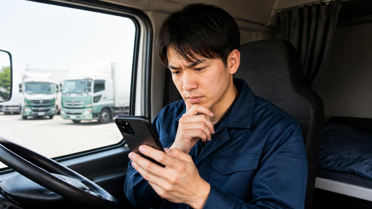 口コミは「金額」と「連絡頻度」に分けて読む、休憩中のトラック運転席でスマホの口コミ画面を眺める若い男性