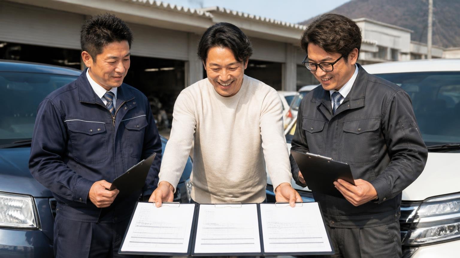 地場1社+全国型2社を「同じ条件」で並べる。高松市内の車庫前に3社の査定士が集まり、依頼者の男性が3枚の見積書を並べて笑顔