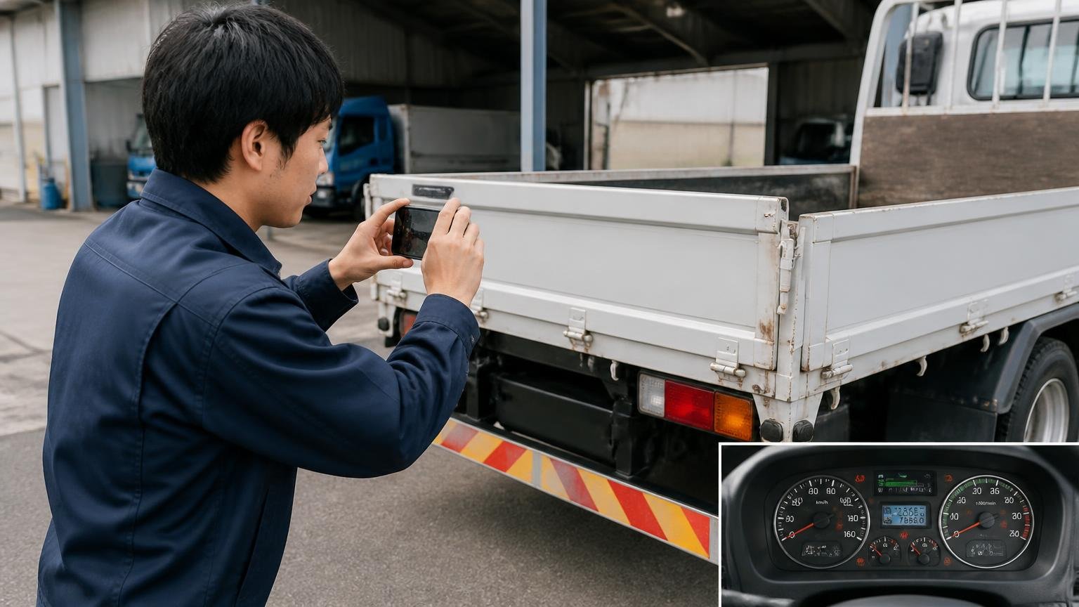 査定前に準備する情報と写真 営業所の車庫でトラックの荷台とメーターをスマホで撮影する若い男性ドライバー1人