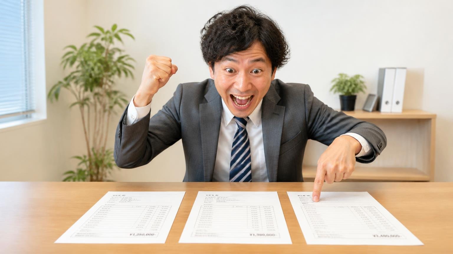 県内の業者1社+全国対応の業者1〜2社を並べて比べる 営業所の応接テーブル 見積書を3枚並べて一番高い金額を指さし笑顔でガッツポーズする男性