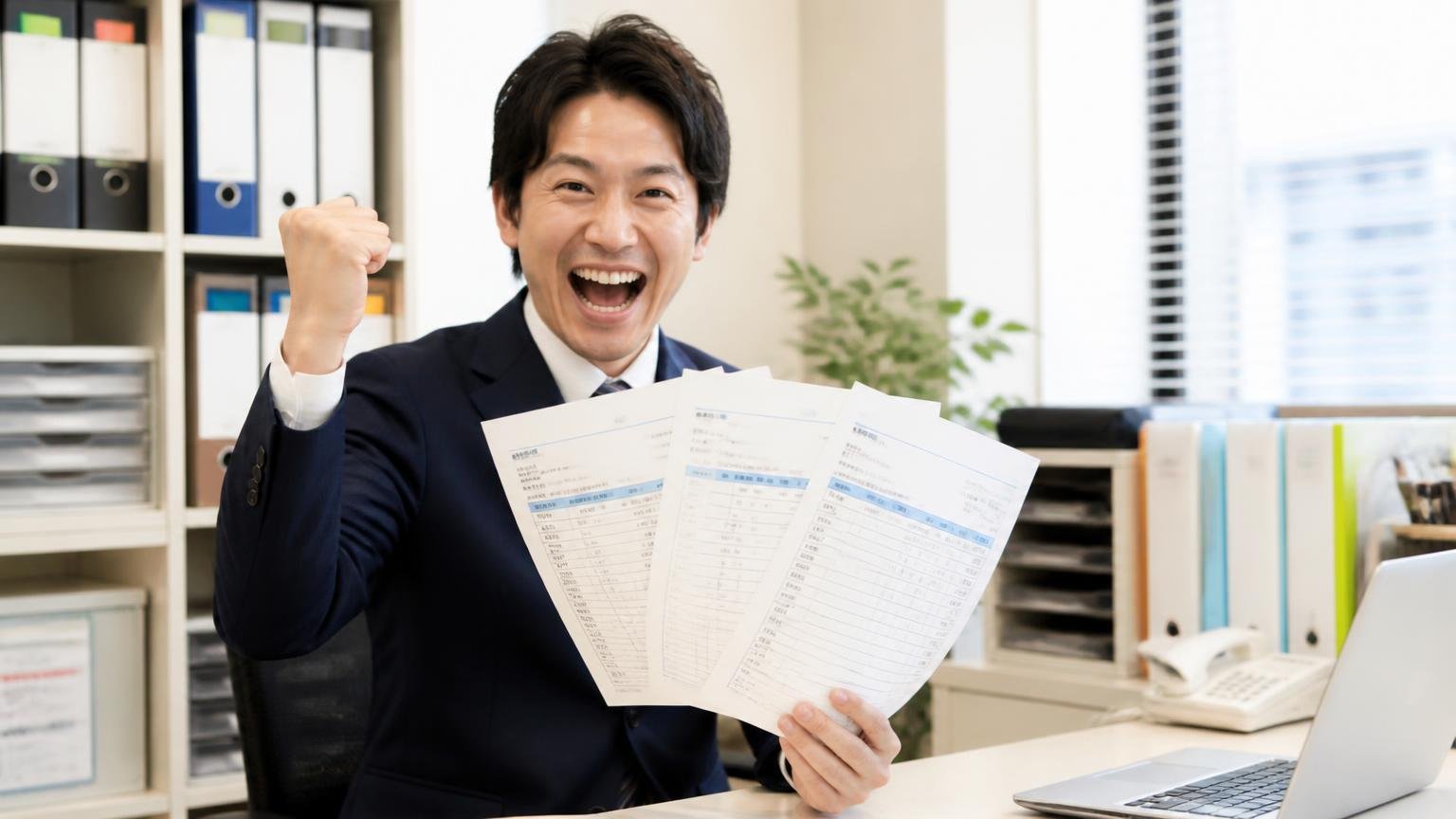 県内・近県の業者1社に、全国対応の業者を1〜2社並べる 営業所の机 見積書3枚を扇のように広げて笑顔でガッツポーズする男性