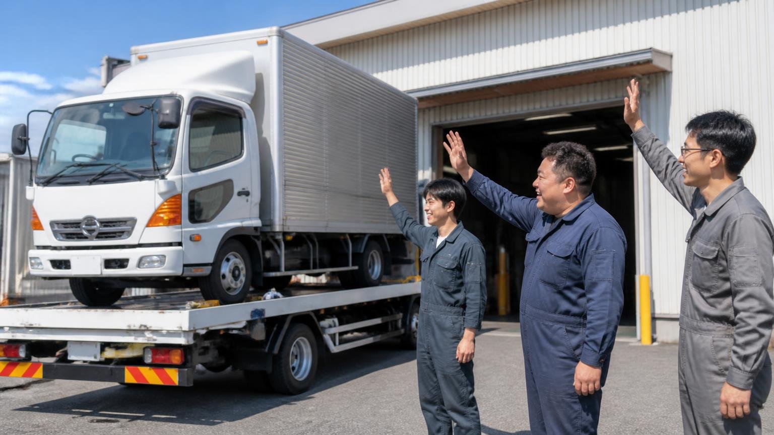 問い合わせから入金までの流れ 営業所の前で積載車に載せられるトラック 男性3人 手を振って笑顔で見送る