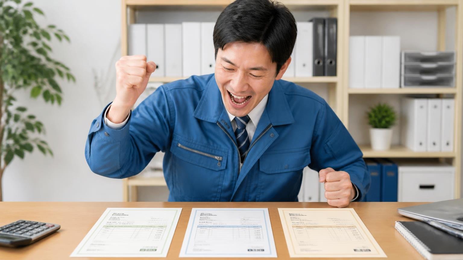 県内の業者1社に、全国対応の業者を1〜2社並べる 事務所の机 見積書3枚を横に並べ金額を見比べてガッツポーズする男性