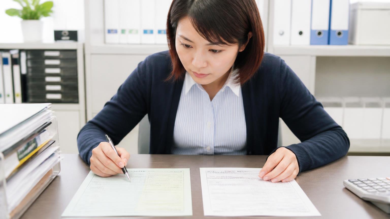 名義変更(移転登録)は所有者の変更から15日以内、事務所の机で車検証と譲渡証明書を並べ、ペンを手に真剣な表情で書類を確かめる30代女性事務員