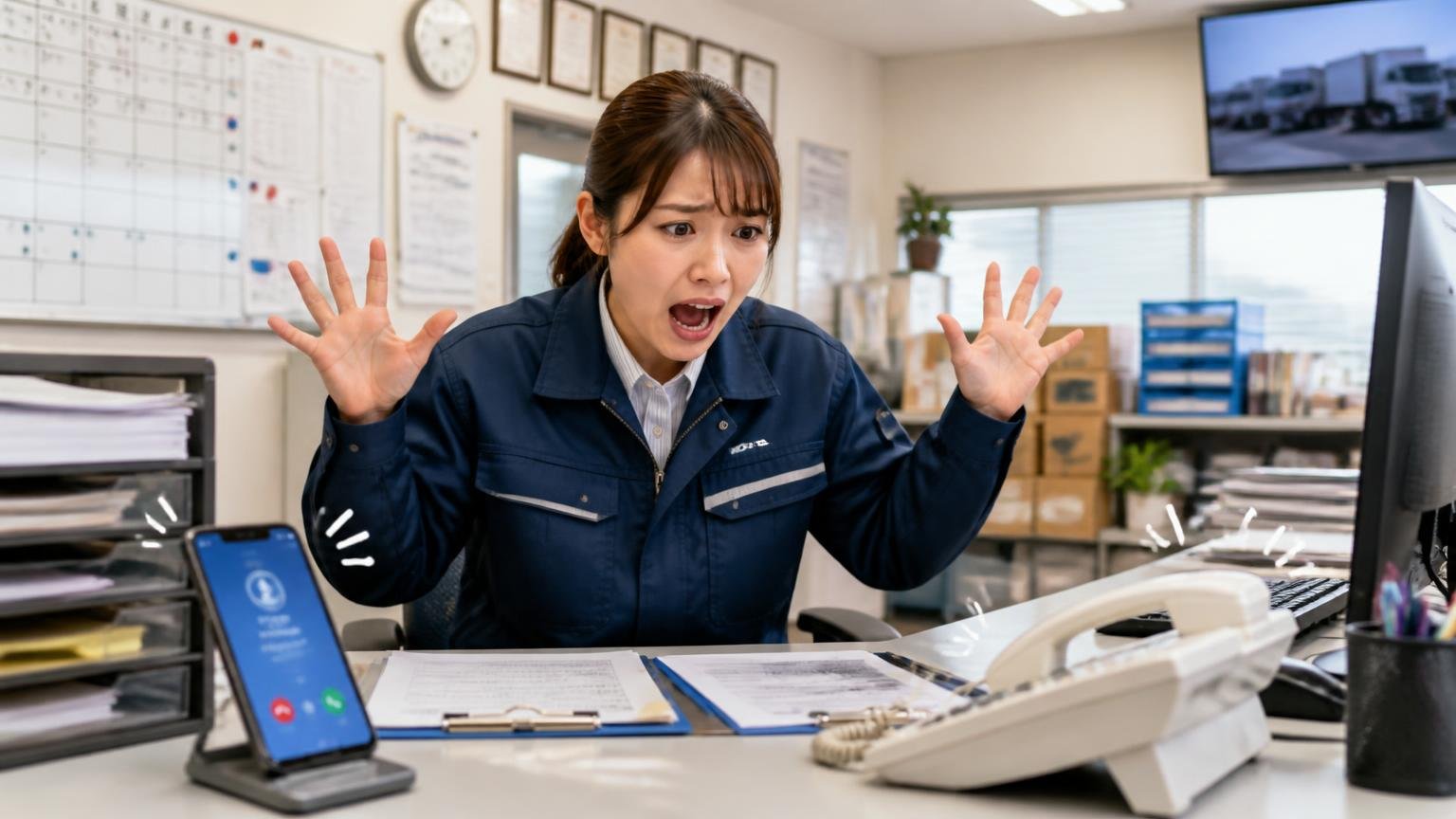 一括査定は「電話が一気に来る」前提で使う、運送会社の事務所で、スマホと固定電話が同時に鳴り、30代の女性事務員が両手を上げて慌てる場面