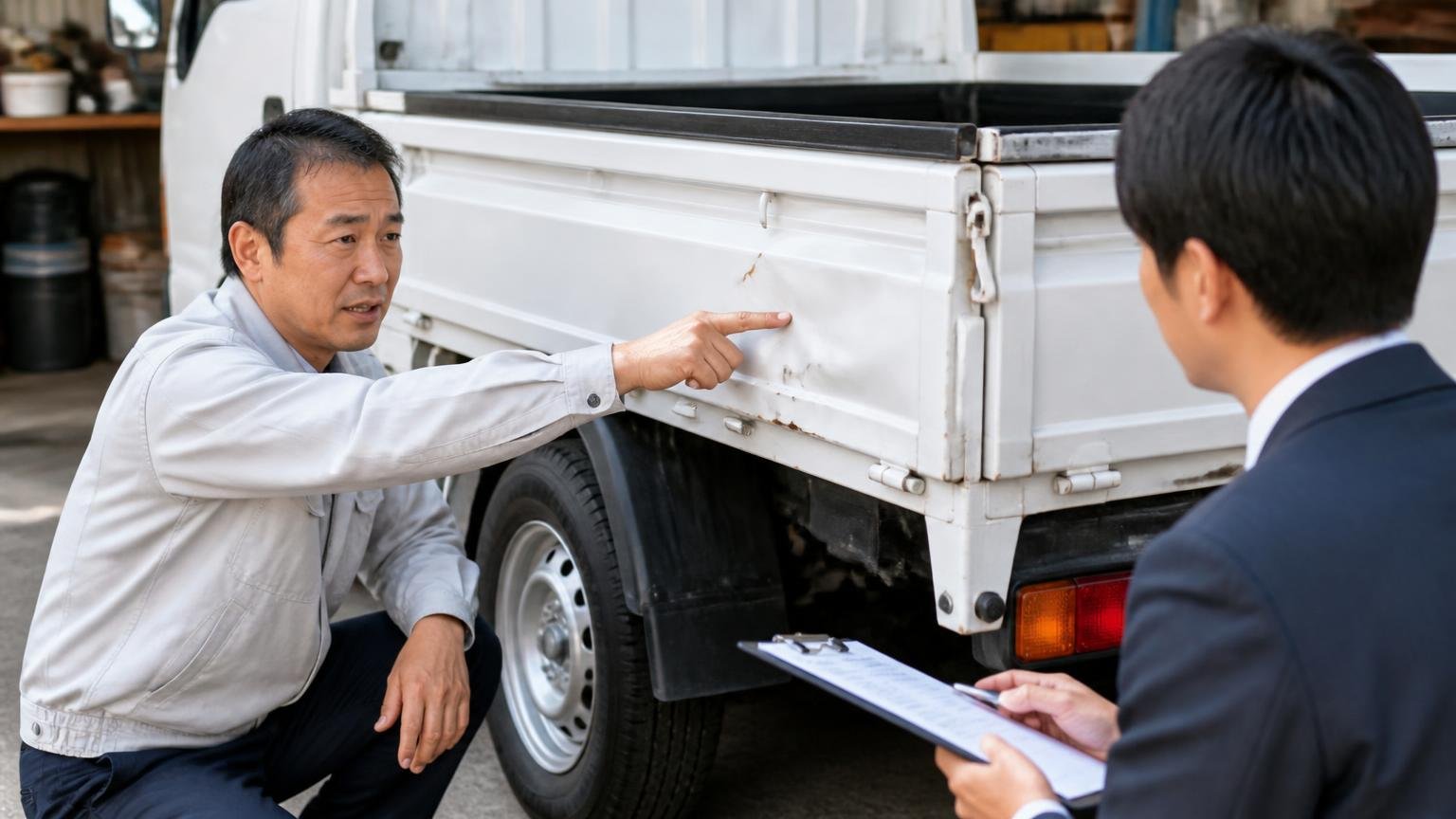 修復歴や不具合は先に伝え、電話の概算をそのまま信じない 車庫でトラックの荷台のへこみを指さし 査定員に正直に説明するドライバー