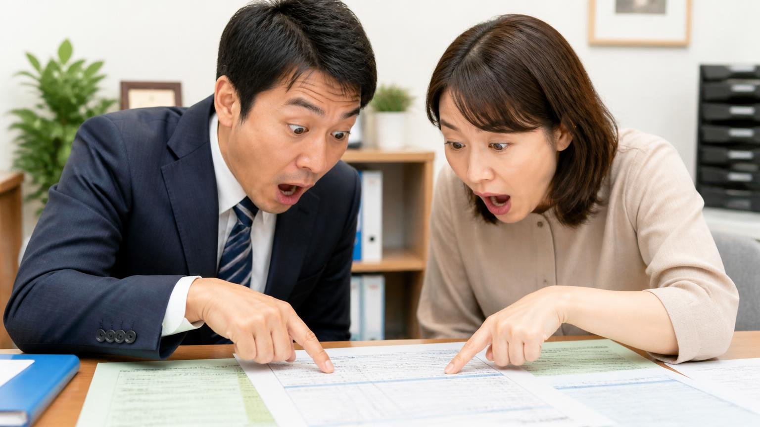 必要書類は「抹消済みかどうか」と「所有者の名義」で変わる 事務所の机に書類を広げた場面 男女2人が車検証の所有者欄を指さして驚いた顔で見つめる