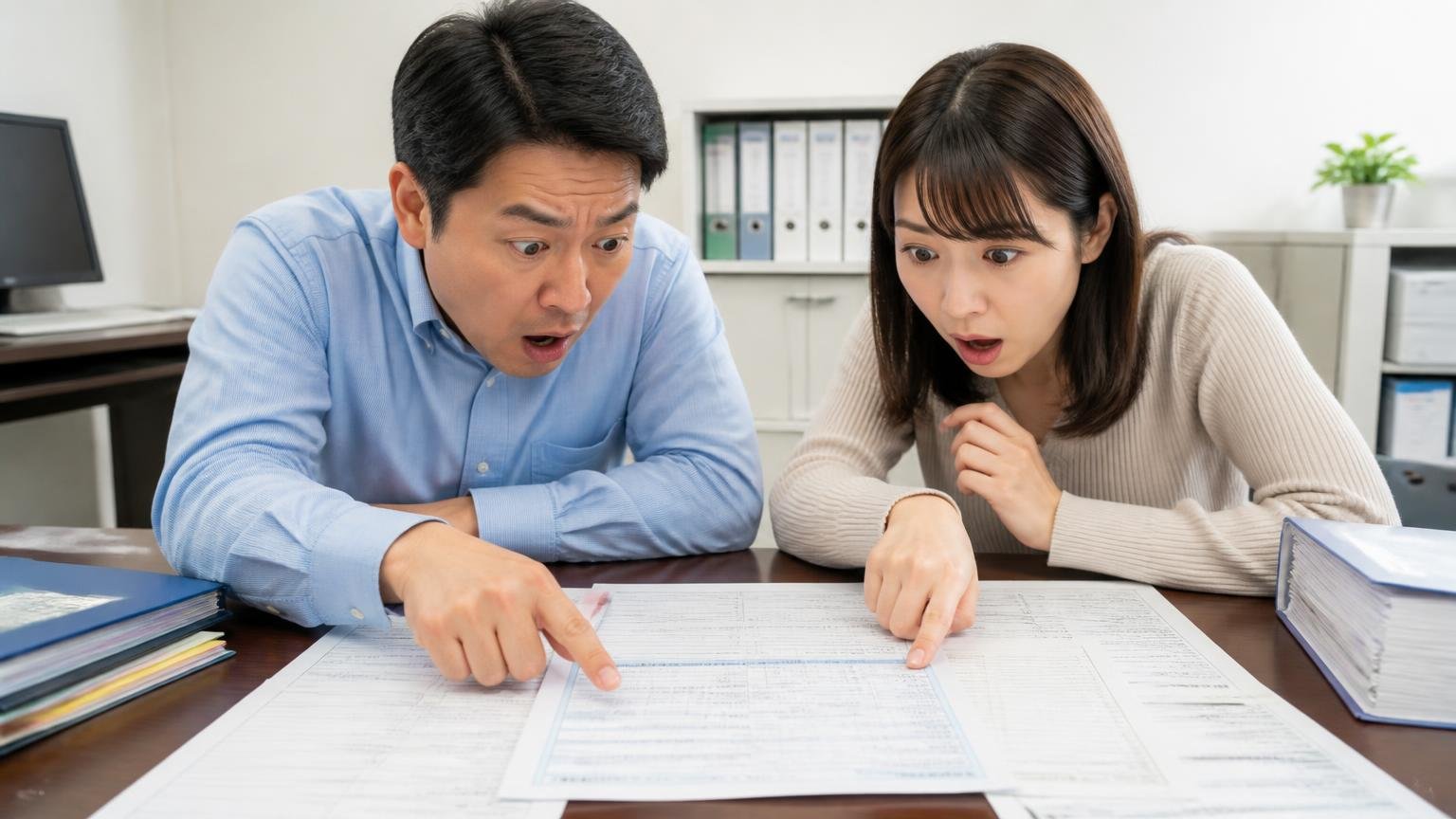 必要書類は「ナンバーの有無と色」と「所有者の名義」で変わる 事務所の机に書類を広げた場面 男女2人が車検証の所有者欄を指さして驚いた顔で見つめる