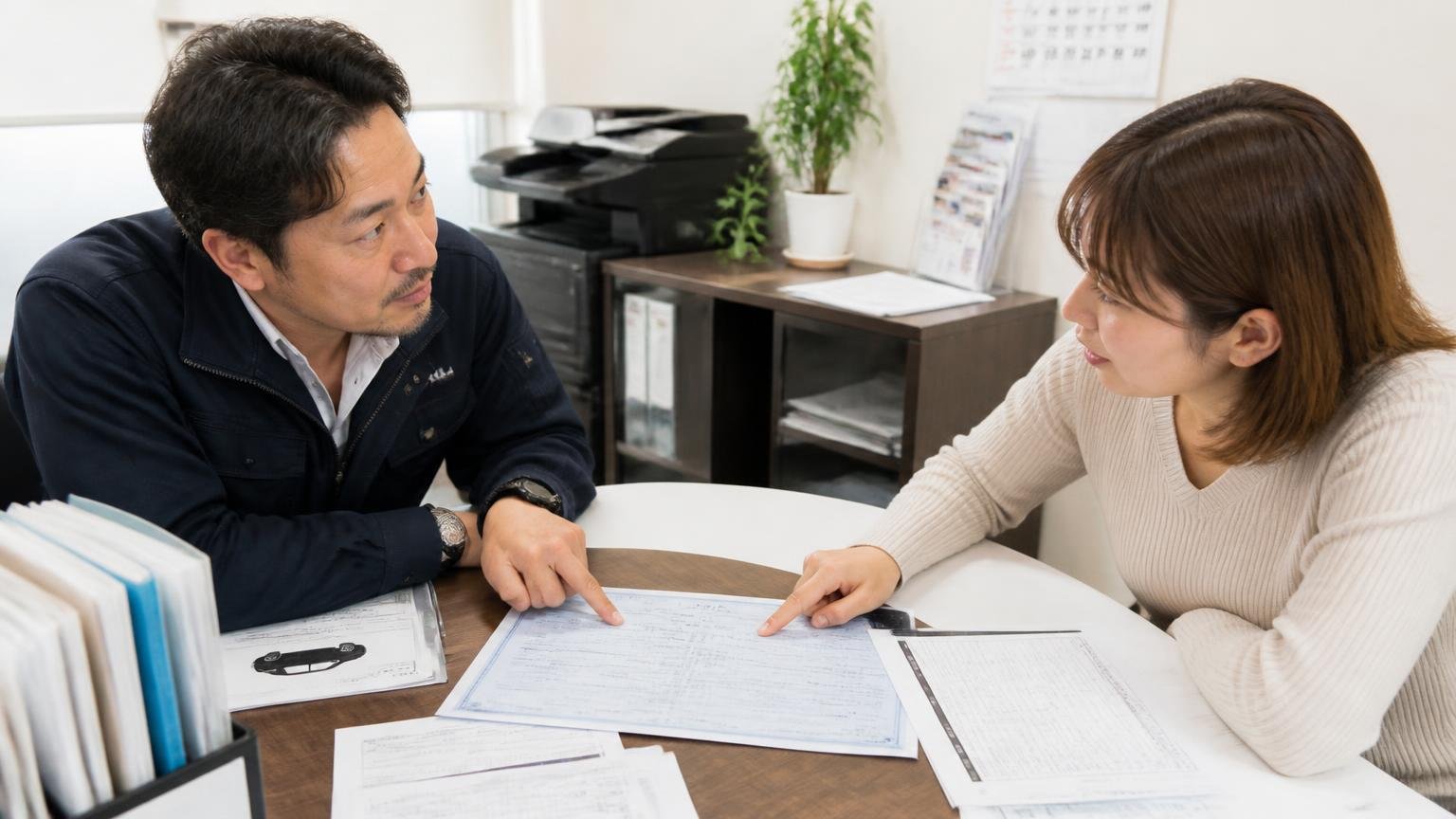 必要書類は「抹消済みかどうか」と「所有者の名義」で変わる 事務所の机に書類を広げた場面 男女2人が車検証の所有者欄を指さして顔を見合わせる