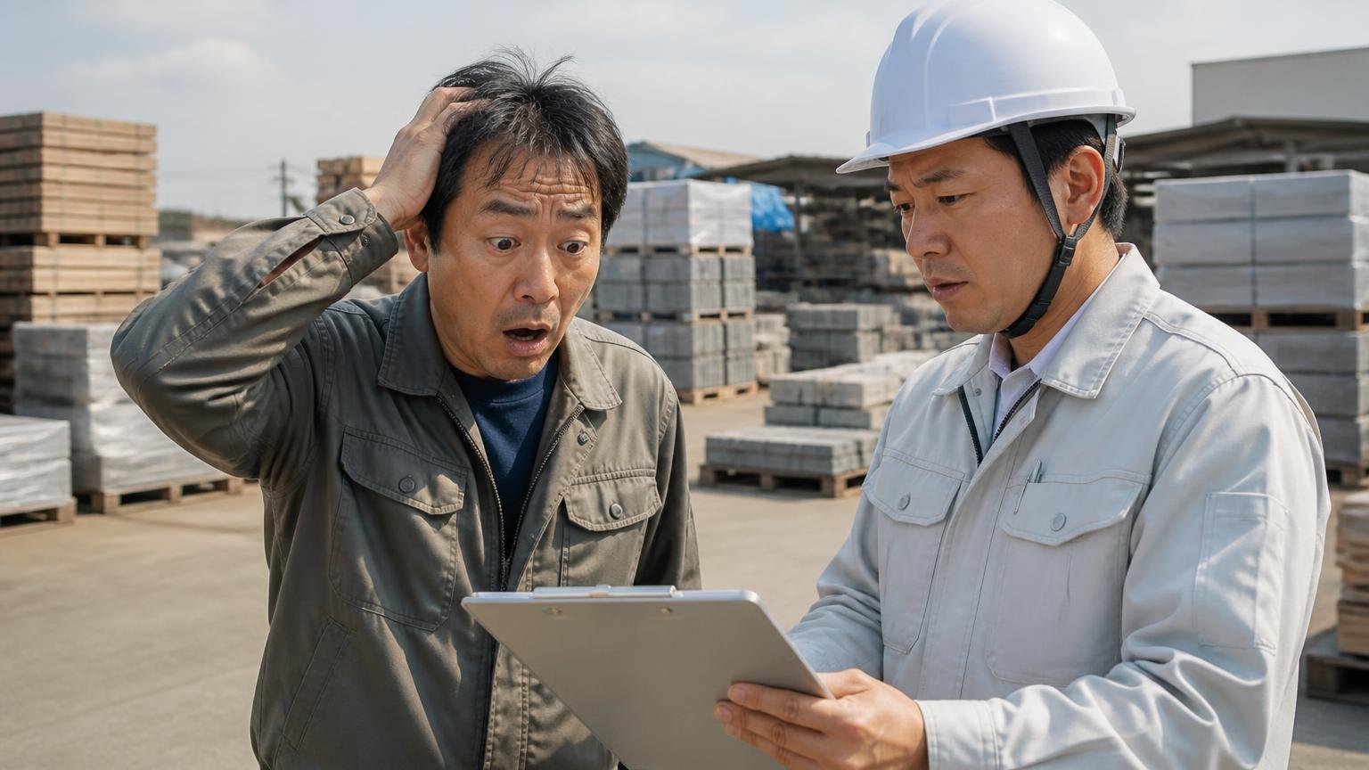 鳥取の資材置き場で、電話で聞いた金額と違う見積もりを提示されて驚く40代男性と査定士の2人