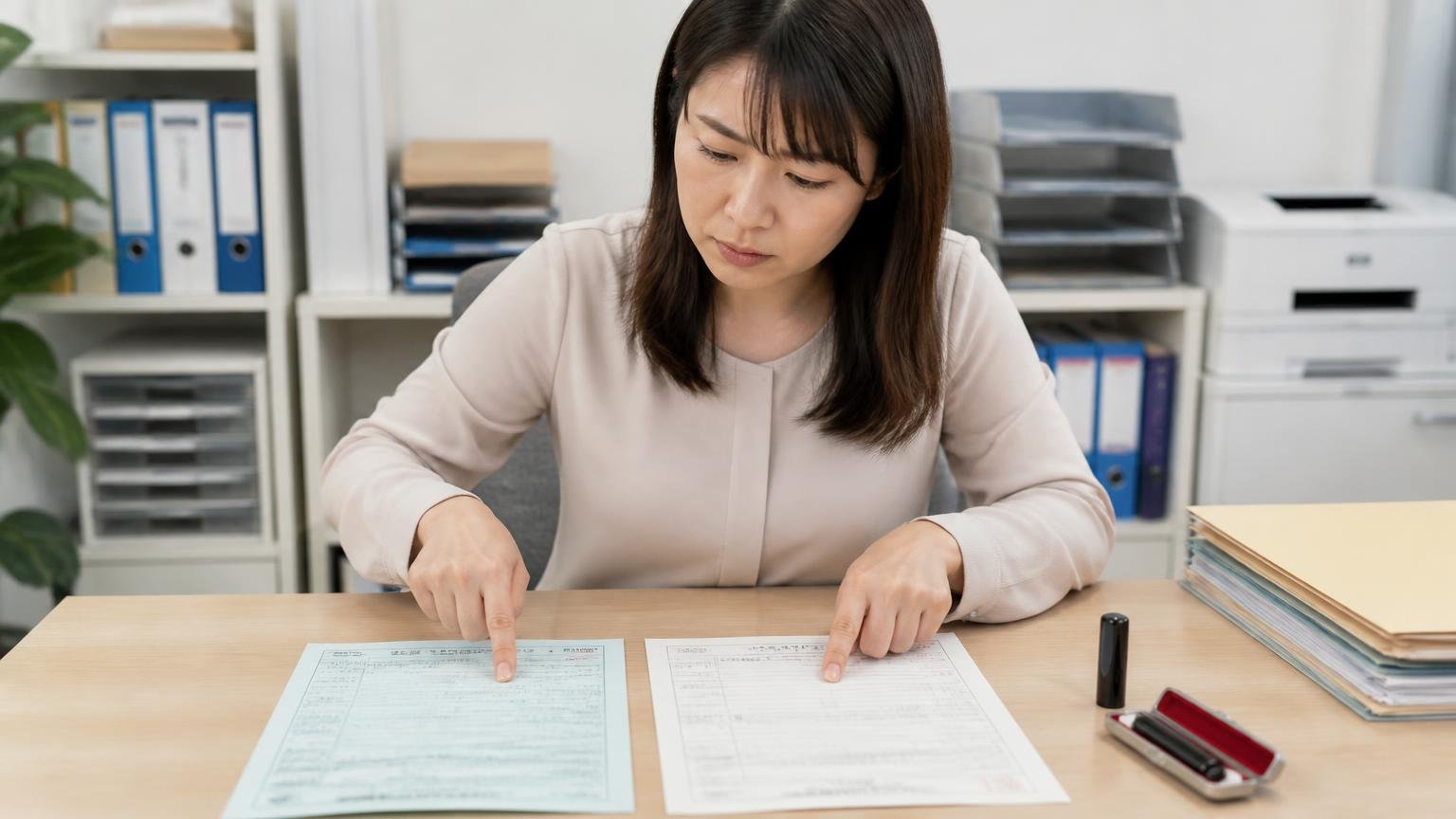 必要書類は「所有者」と「ナンバーの種類」で変わる 事務所の机で女性1人が車検証と印鑑証明書を並べて指さし確認する