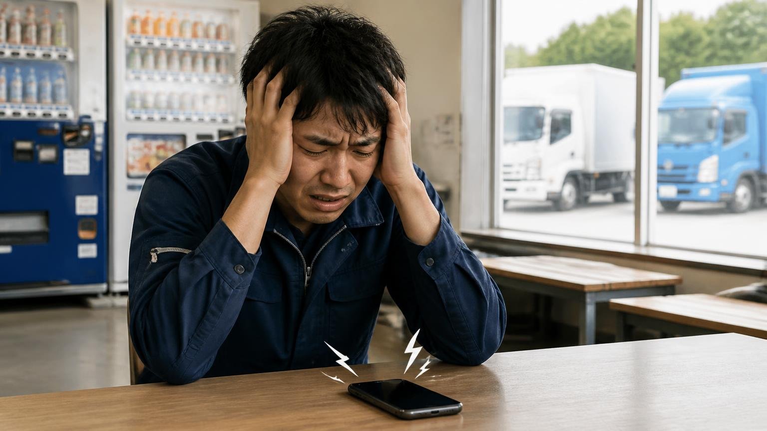 営業電話が止まらない｜一括査定の仕組みと連絡手段の指定、配送中の休憩所で鳴り続けるスマホを見て、若い男性ドライバーがうんざりした顔で頭を抱えている
