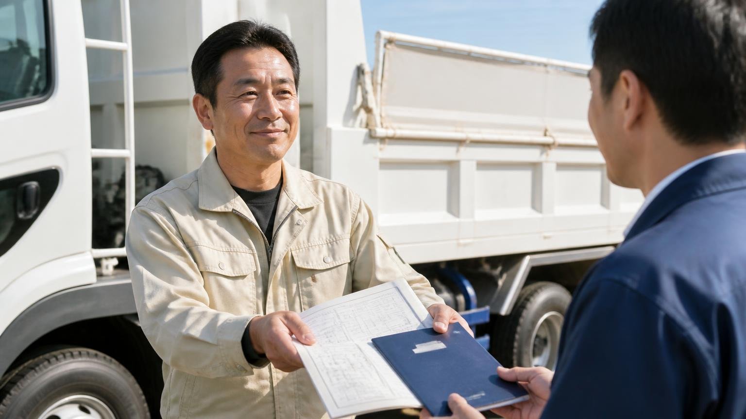 架装・オプションの証明書類と整備記録で30万円変わる 4tダンプの荷台脇で装備仕様書と整備手帳を査定員に手渡す男性1人、自信のある表情
