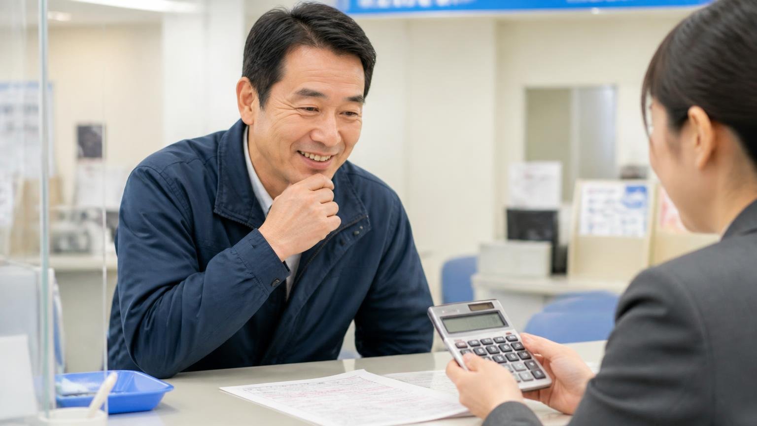 自動車税(種別割)の月割還付は「抹消登録」が条件。県税事務所の窓口で納税通知書と電卓を前に、還付の計算を聞いて納得した表情を見せる中年男性1人