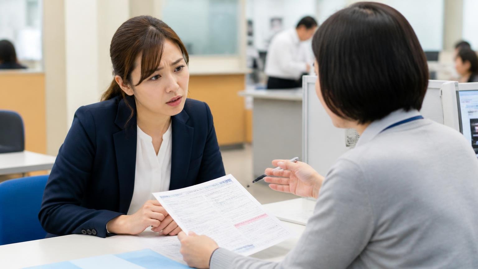 税金や保険の戻り方は抹消と名義変更で違う、県税事務所の窓口で還付の説明を受ける運送会社の事務担当の女性