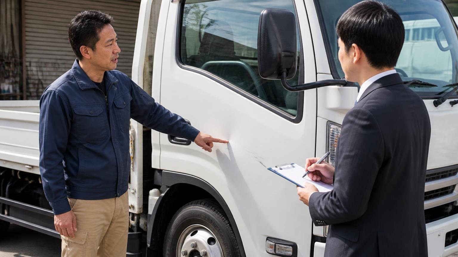 不具合・修復歴は隠さず申告する(減額の芽を先に摘む) 車庫でキャビンの傷を自ら指差して説明する屋外 事業主1人と査定士1人 誠実に話す表情