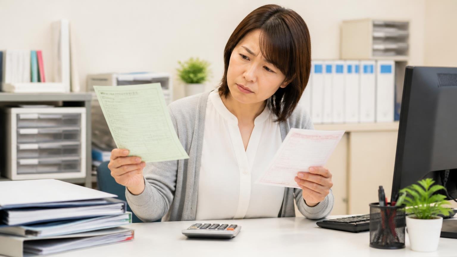 自動車税は売却と廃車で扱いが違う|事務所で納税通知書と車検証を見比べながら電卓を叩く女性事務員1人が首をかしげる