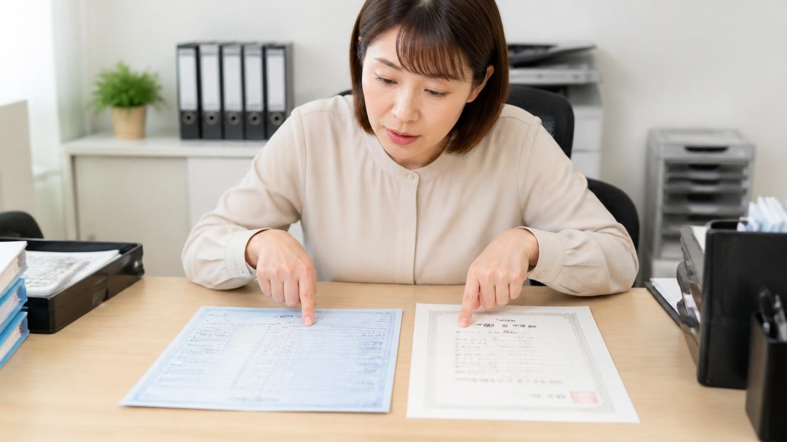 必要書類は「所有者」と「ナンバーの種類」で変わる 事務所の机で女性1人が車検証と印鑑証明書を並べて指さし確認する