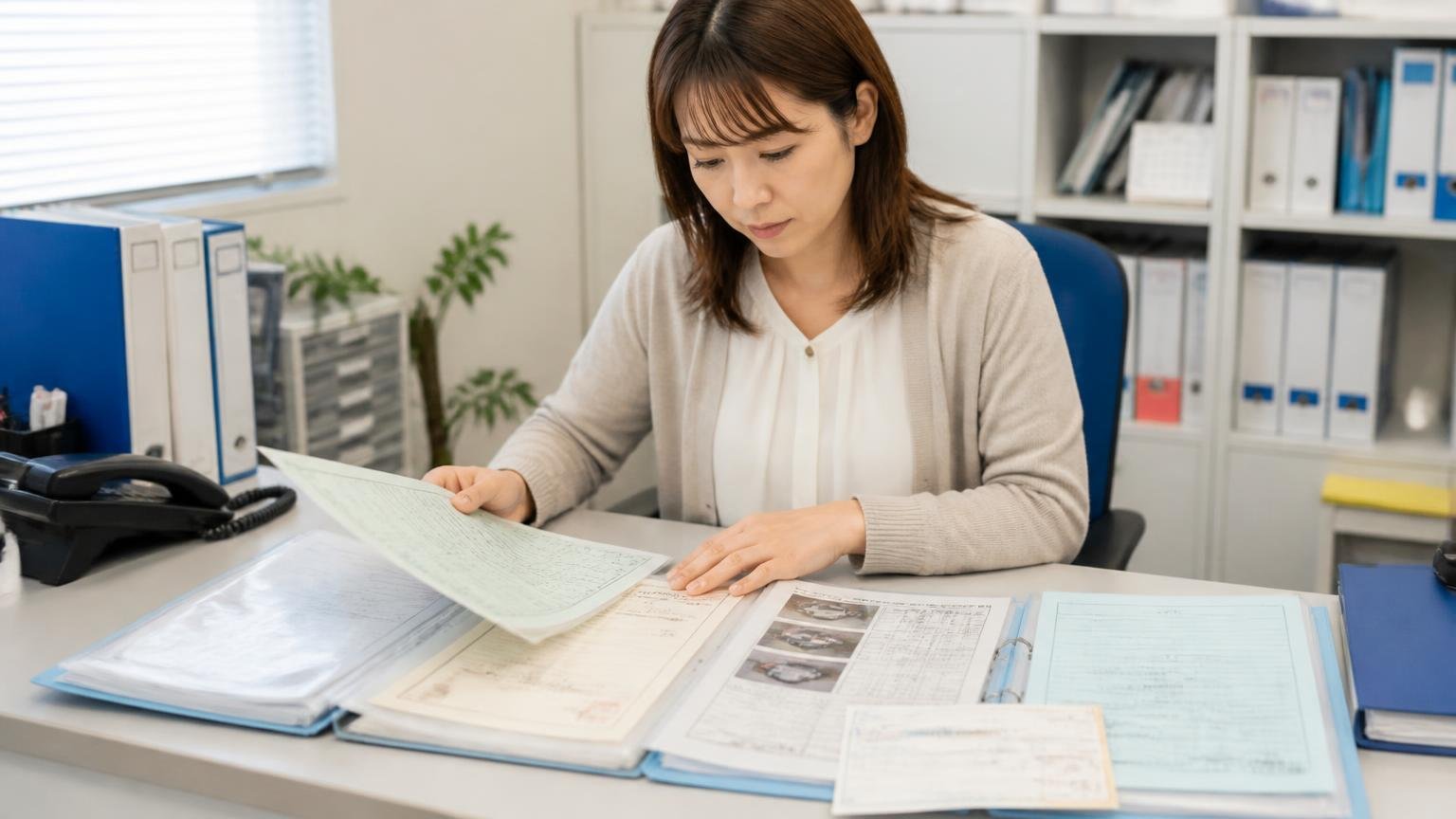 書類と記録をそろえる、車検証・印鑑証明・整備記録・架装の仕様書・リサイクル券。事務所の机にファイルを広げ、事務員の女性が書類を1枚ずつ確認する