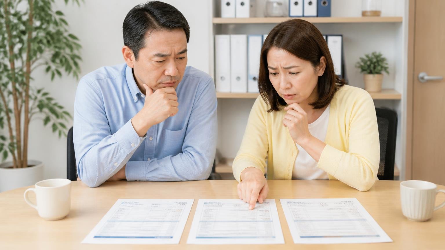 無料査定は2〜3社、同じ条件にそろえて比べる 事務所のテーブルに3社の見積書を並べて指さしながら相談する夫婦2人