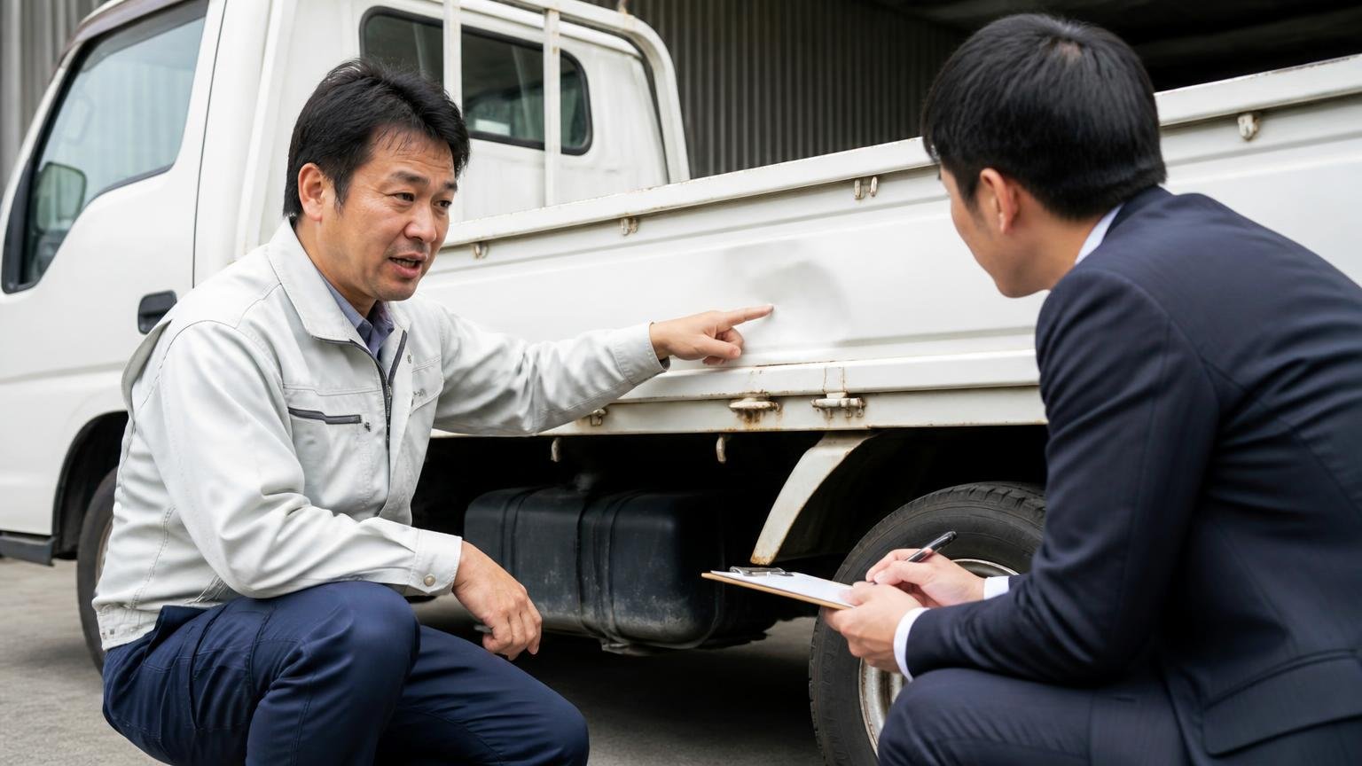 修復歴や不具合は最初に申告し、電話の概算をうのみにしない 車庫のトラックの横 荷台のへこみを指さして査定士に正直に説明する作業着の男性