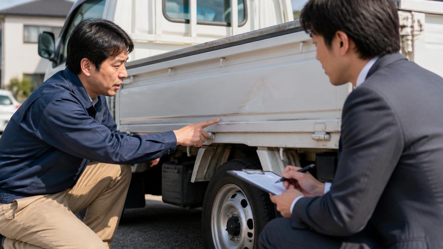 修復歴や不具合は先に伝え、電話の概算をそのまま信じない トラックの荷台の横 へこみを指さして査定士に正直に説明する男性