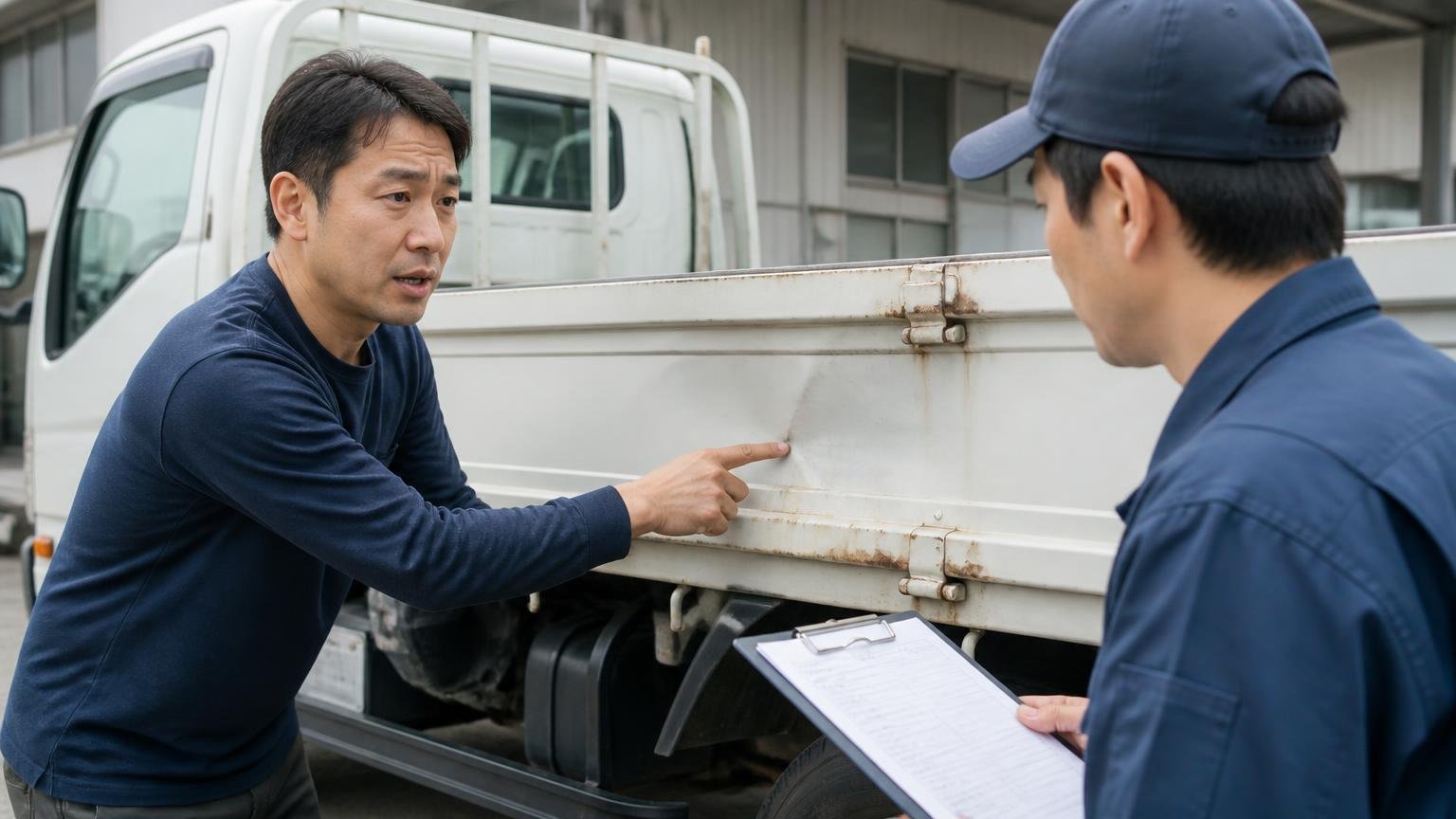 修復歴や不具合は先に伝え、電話の概算をそのまま信じない トラックの荷台横 へこみを指さして査定士に正直に説明する男性
