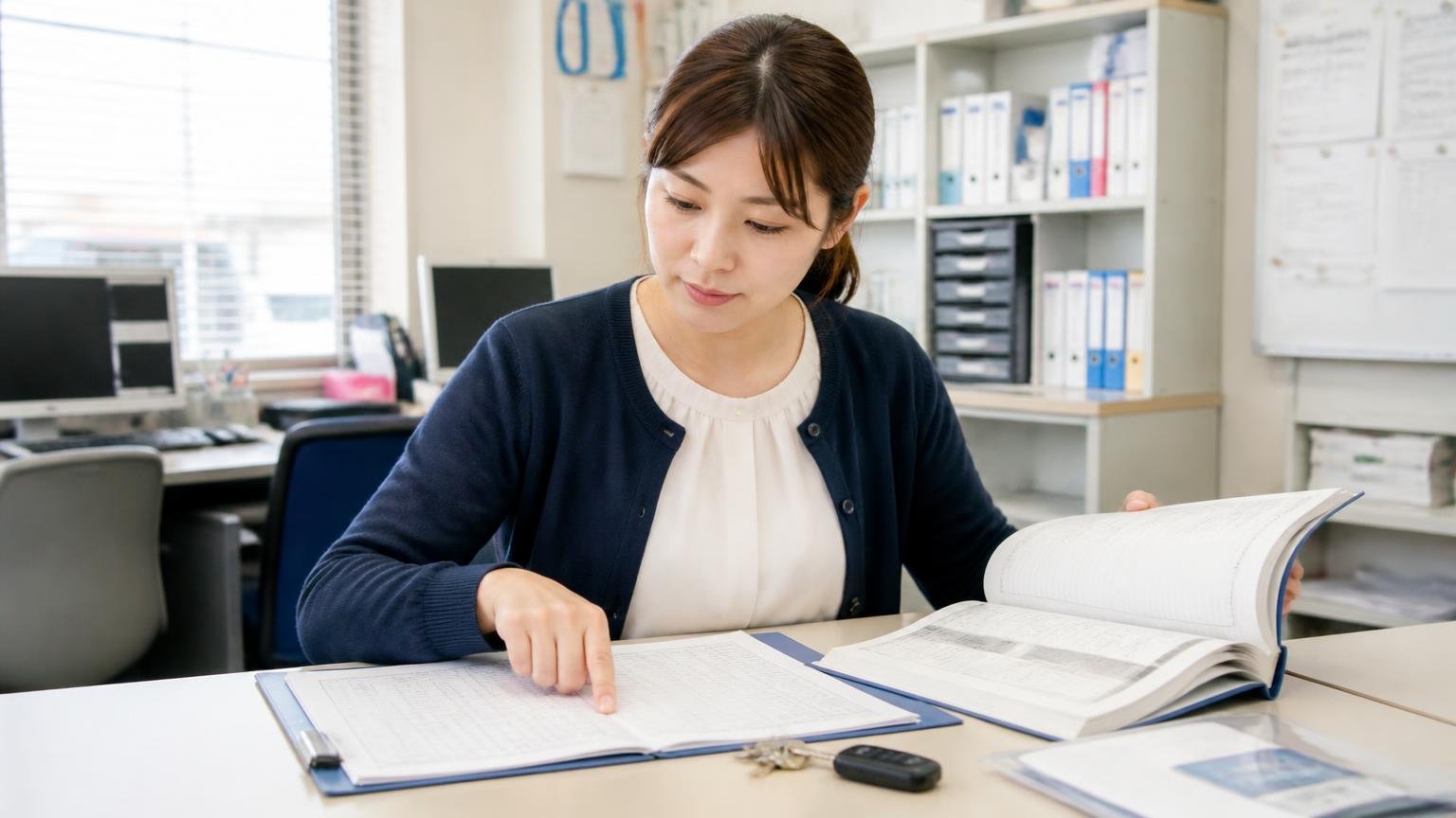 整備記録・書類・付属品をそろえておく　浜田市の運送会社の事務所で、整備記録簿とスペアキーと取扱説明書を机に並べてチェックする30代の女性事務員