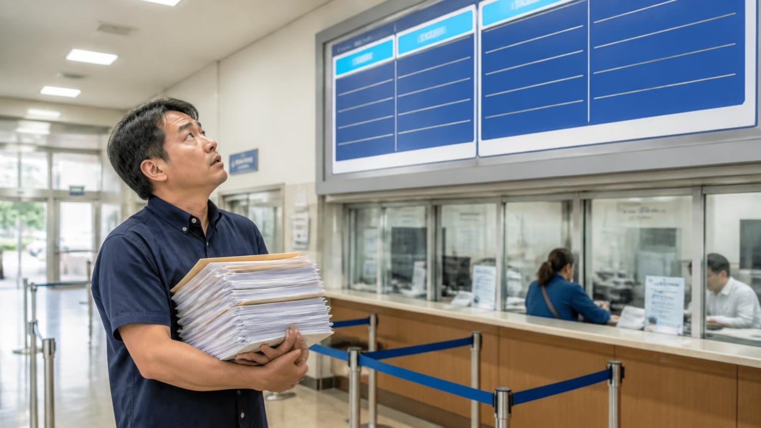 手続きの窓口は浦添・宮古・八重山の3か所 陸運事務所の窓口前で書類の束を抱えた男性1人が案内板を見上げる
