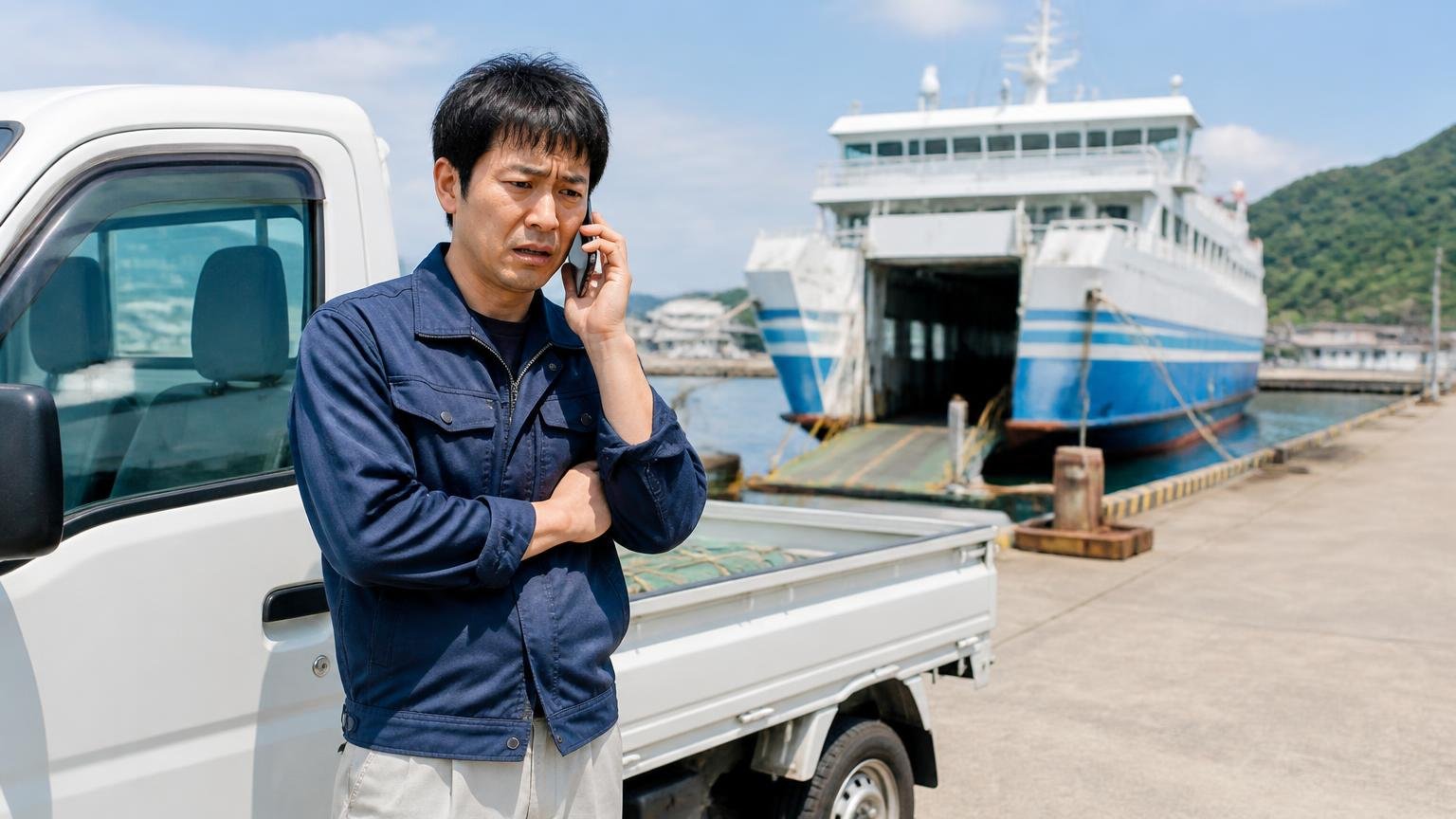 離島から売るときは来てもらえるか運ぶ費用を最初に聞く 離島の港でフェリーを背に男性1人が軽トラの横で電話し不安げ