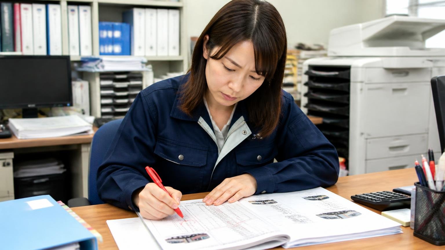 事務所でトラックの見積書に赤ペンで印をつけながらチェックする30代女性1人