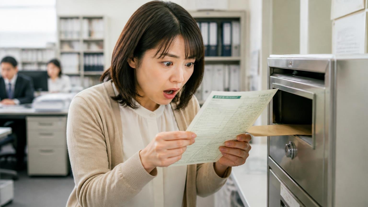 名義変更が遅れて自動車税の納付書が届く｜「4月1日」の壁、事務所のポストから届いた自動車税の納付書を手にした女性事務員が、売却済みの車両名を見て呆然としている
