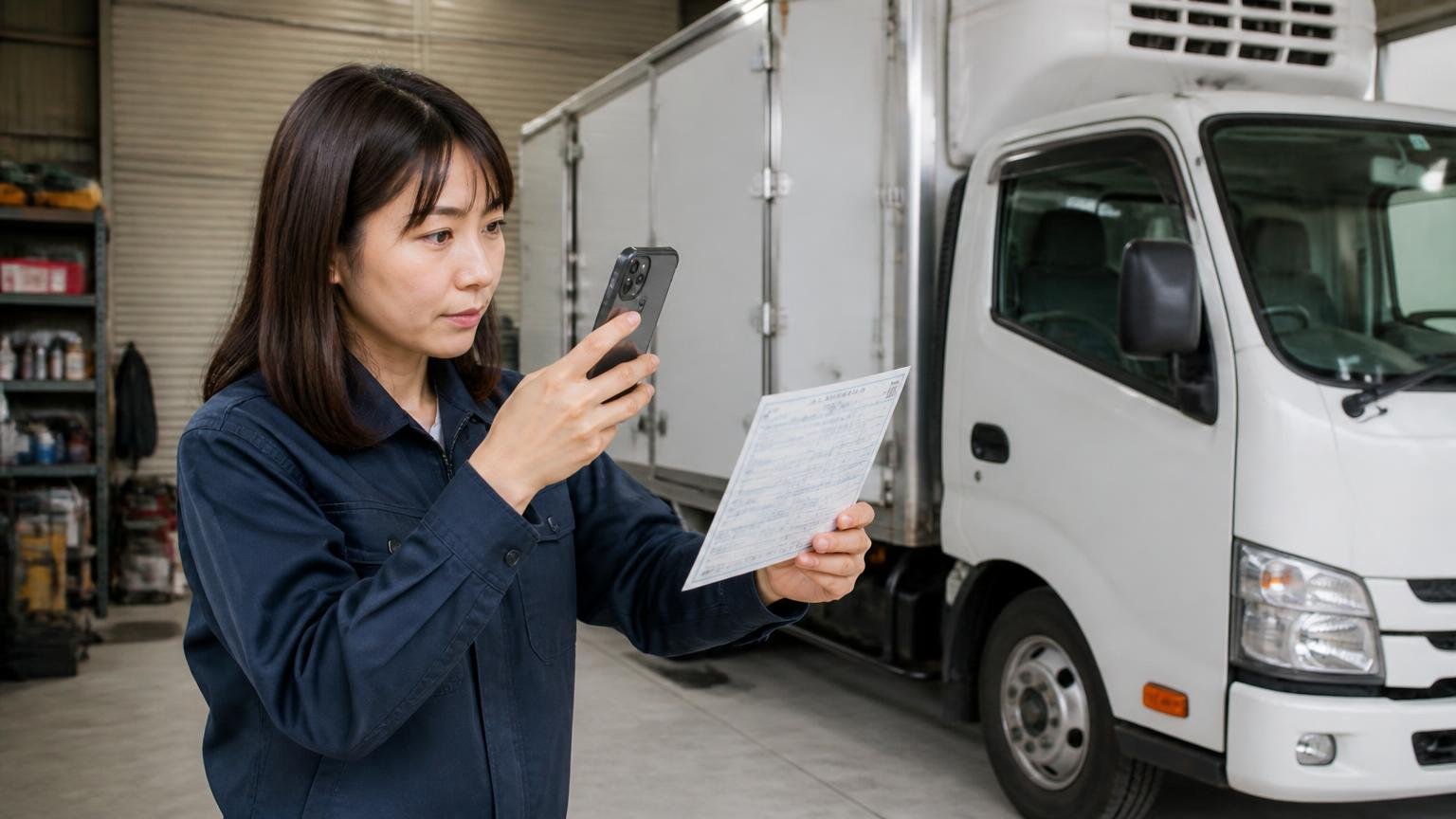 LINE・写真で先に概算を取り、来てもらう業者を絞る 車庫で冷凍車の車検証と車体をスマホで撮影する女性1人、集中した表情