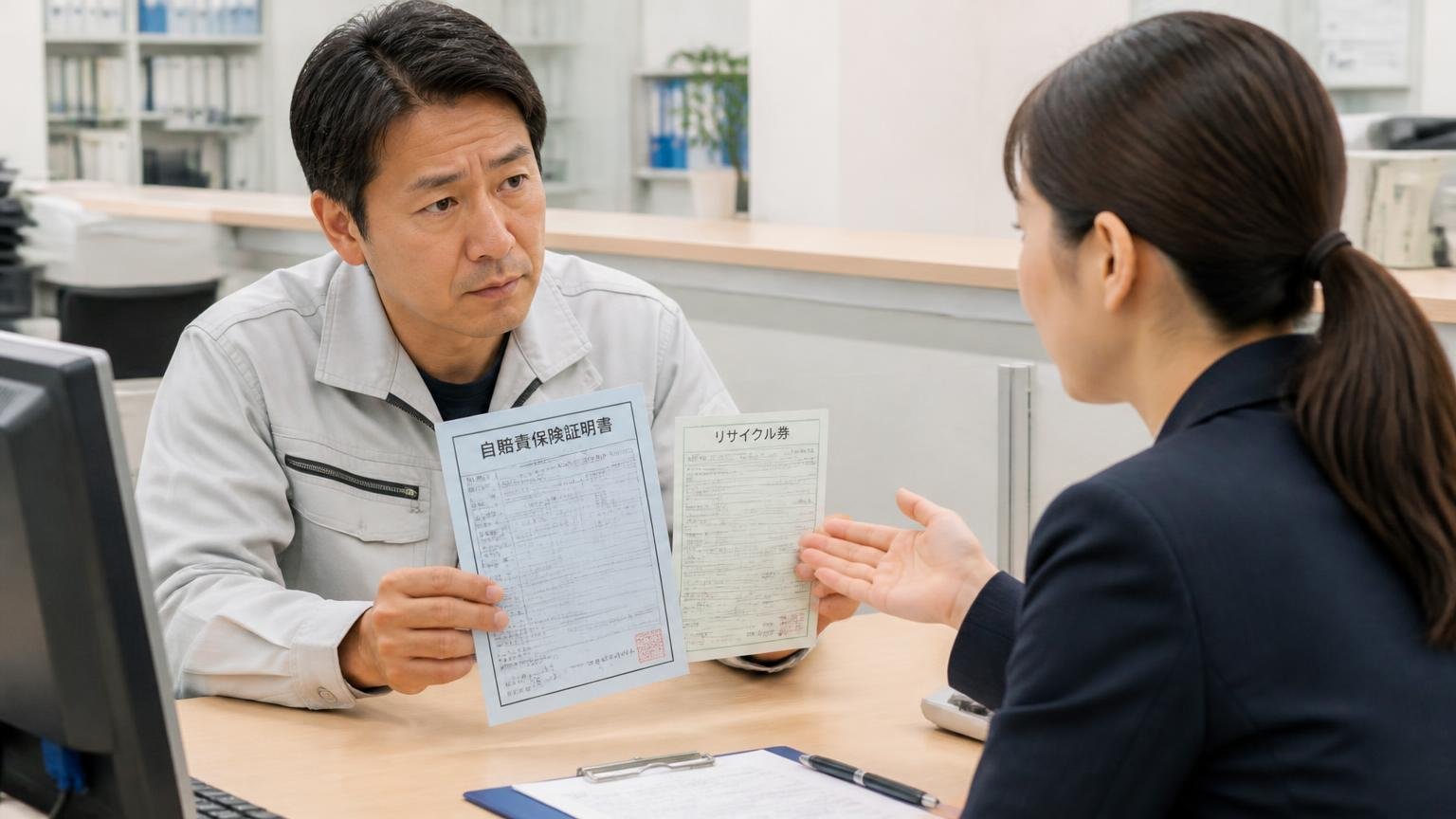 自賠責保険とリサイクル料金の扱い。保険会社の窓口で自賠責保険証明書とリサイクル券を差し出し、説明を真剣に聞く作業着の男性1人と女性担当者