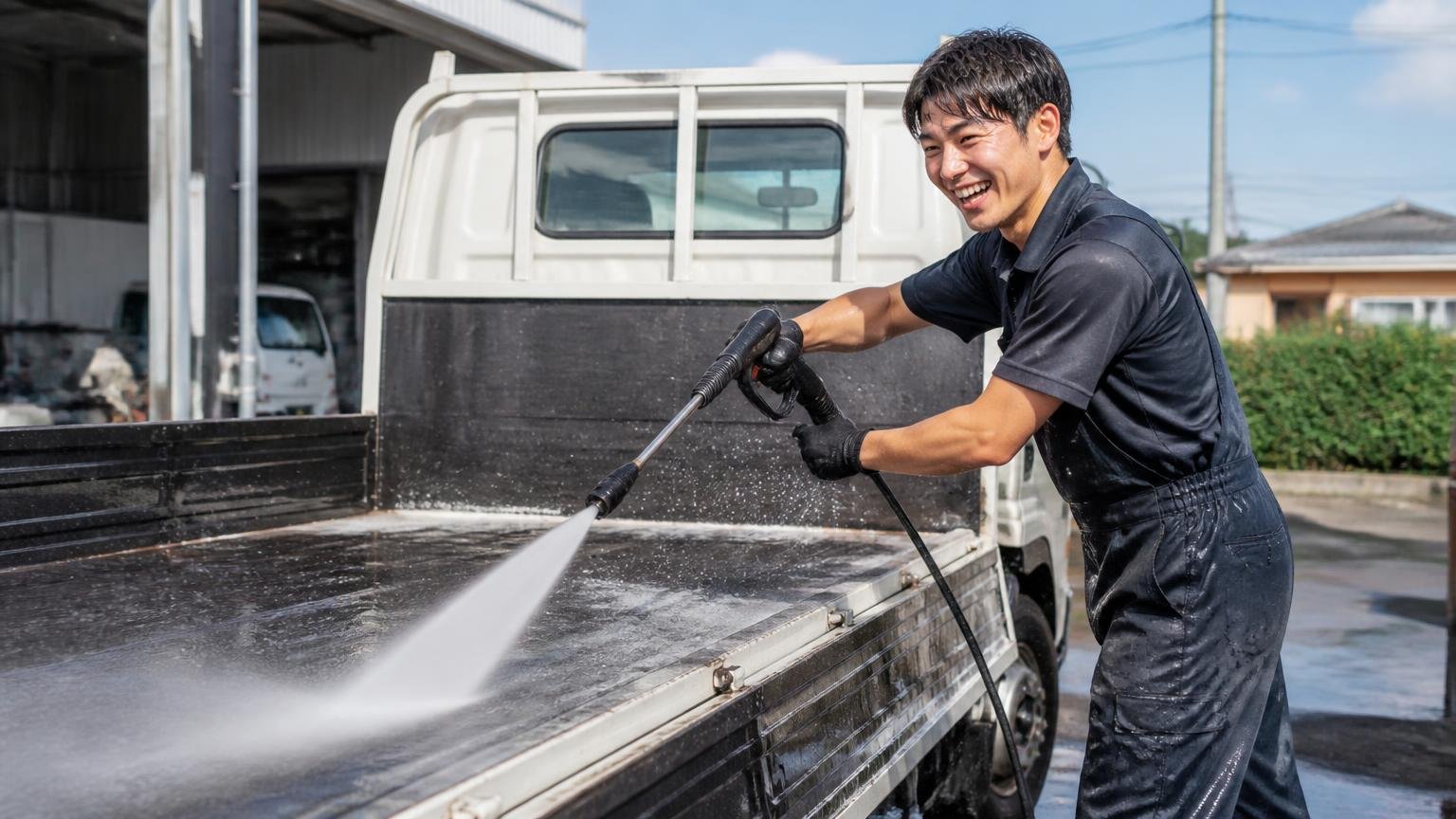 後付けパーツを外す時間より、荷台と運転席の清掃に使う 車庫で平ボディの荷台を高圧洗浄する屋外 若手ドライバー1人 汗をかきながら清々しい笑顔